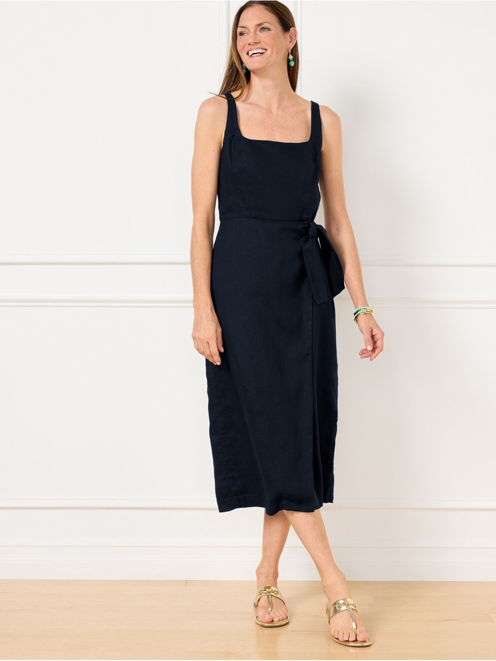 Talbots Navy Square-Neck Tie-Waist Midi Dress NWT